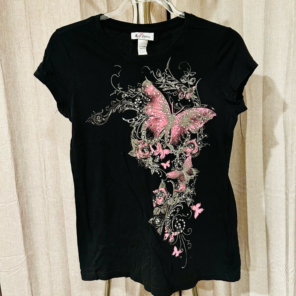 Self Esteem Black and Pink Graphic Butterfly‎ Cap Sleeve Tee